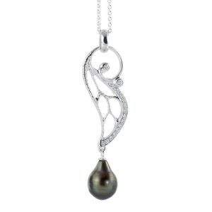 Unique and beautiful slim leaf pendant in white gold with diamonds and a black tahitian pearl