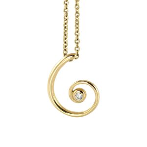 Simple gold curl pendant that ends in a small white diamond