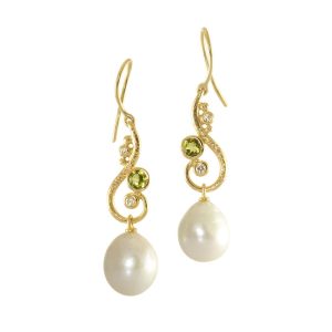Elegant gold earrings winding with green peridot and large freshwater pearls