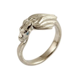 Thundercoil dragon ring in white gold with blue stone eyes