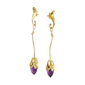 Unique, long, dangling earrings in gold with flower details and large amethyst stone
